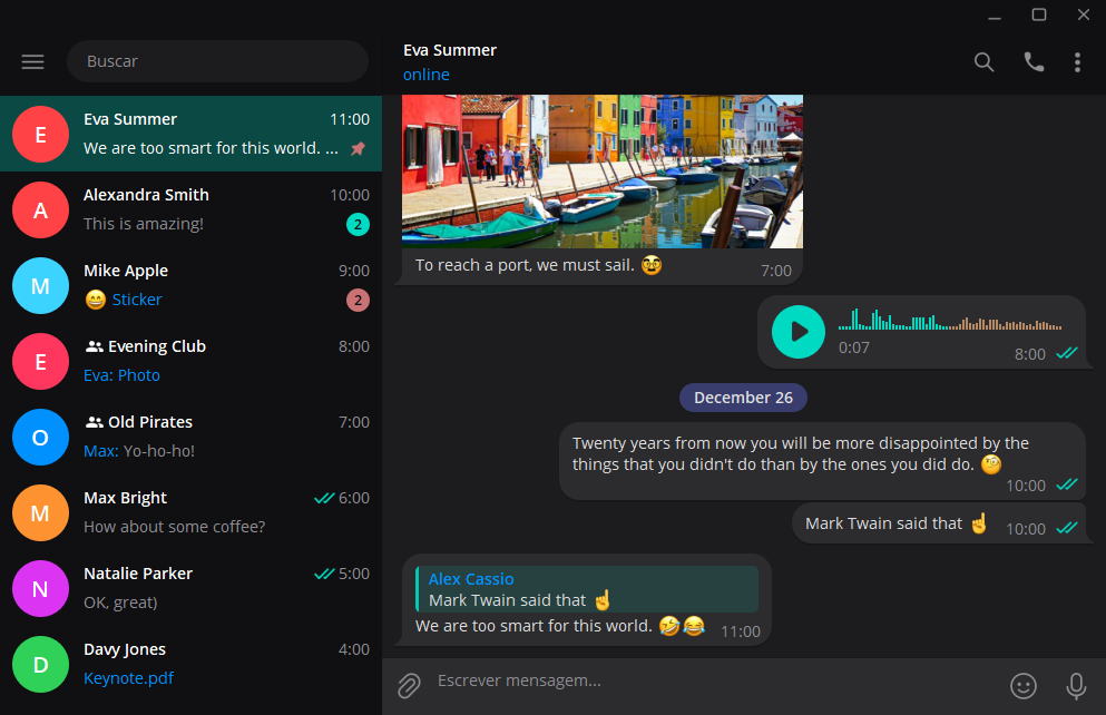 O Telegram Desktop com o RV Dark: lista de conversas escura à esquerda, conversa aberta à direita com balões cinza, contador de não lidas e botão de play em mint