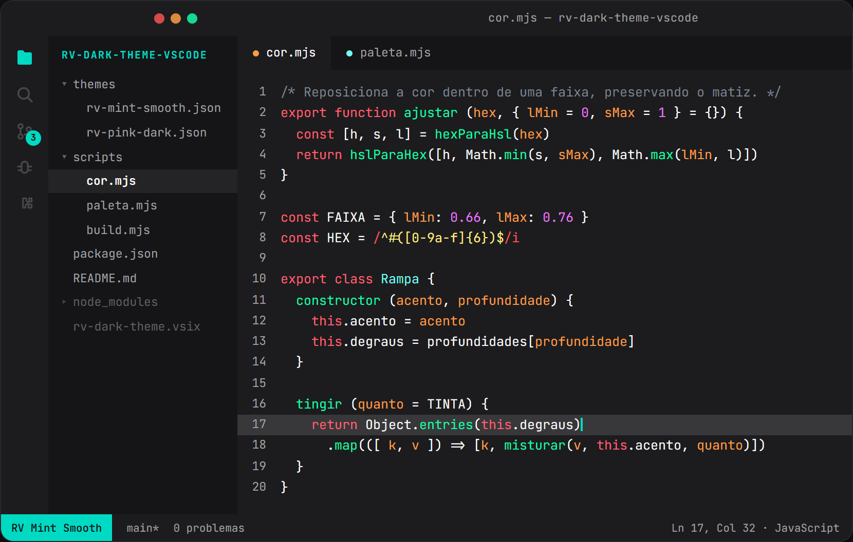 O editor com a variante RV Mint Smooth: barra lateral com a árvore de arquivos, código JavaScript com a syntax colorida e a barra de status com o nome da variante em mint